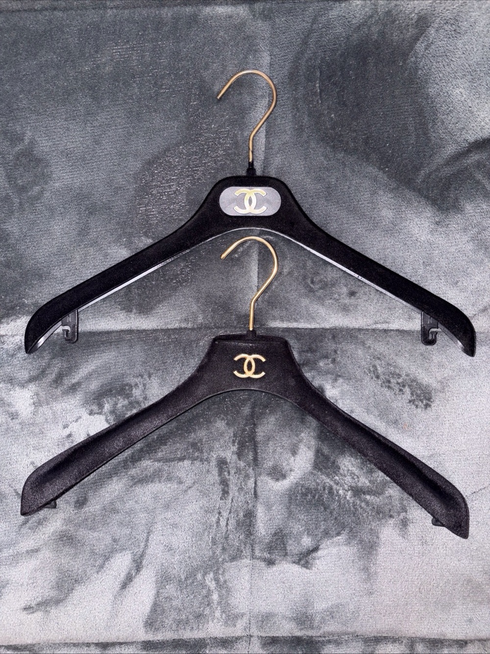 CHANEL Black Velvet Hangers with Gold CC Logo Set of 2
